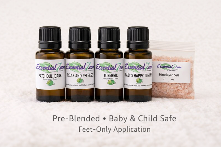 Baby’s GP Wellness Collection with pre-blended essential oil bottles and Himalayan salt, safe for babies and children, feet-only application
